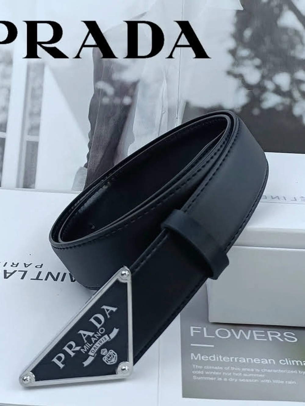 Prada Black Leather Men's Belt with Triangular Logo Plate